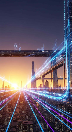 double exposure of city and expressway overpass at night, transportation conceptの写真素材