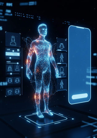 3d rendering of virtual human body hologram on mobile phone screenの写真素材