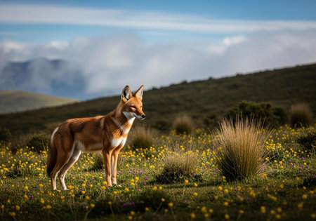 Red fox standing in a field of wildflowers in New Zealandの写真素材