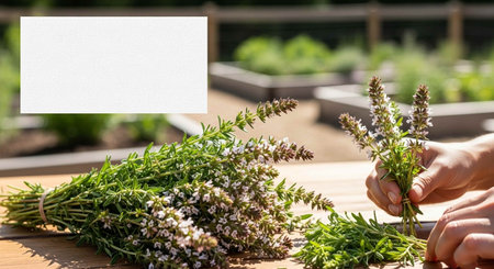 Hands of woman cutting fresh herbs with scissors at table in gardenの写真素材