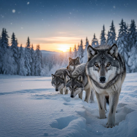 Three wolves in the snowy forest at sunset. Beautiful winter scenery.