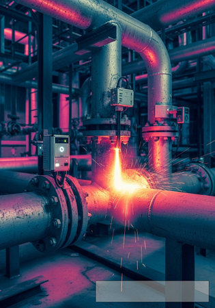Welding robots movement on a steel pipe in a factory.の写真素材
