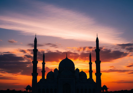 Silhouette of Sheikh Zayed Grand Mosque at sunset, Abu Dhabi, United Arab Emiratesの写真素材