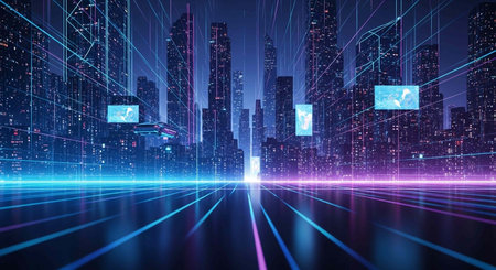 Futuristic city at night with neon lights, 3d renderingの写真素材