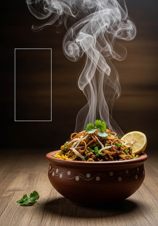 Noodles with meat and vegetables in clay pot on wooden backgroundの写真素材