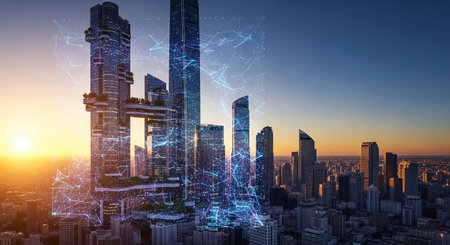 Modern cityscape with high buildings and digital interface. Mixed media.の写真素材