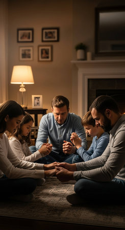 Happy family sitting on the floor at home in the living room and playing cardsの写真素材