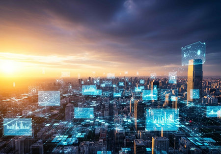 Modern cityscape with high buildings and technology interface over blue sky background