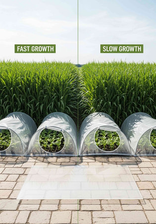 Plastic greenhouse for seedlings of corn on the background of green grass.