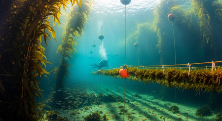 Underwater view of a tropical coral reef with seaweed and mangrove treesの写真素材