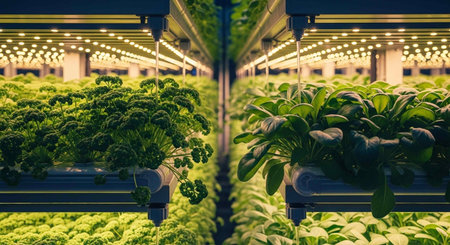 Organic hydroponic vegetable farm with LED lights. Selective focus.の写真素材