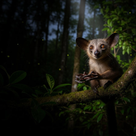 Cute lemur sitting on the branch in the forest at nightの写真素材