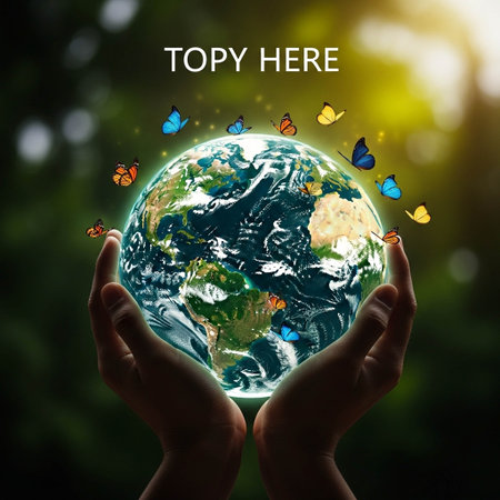 Globe in human hands on nature background. Elements of this image furnished by NASAの写真素材