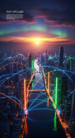 Smart city and wireless communication network over the river and cityscape backgroundの写真素材