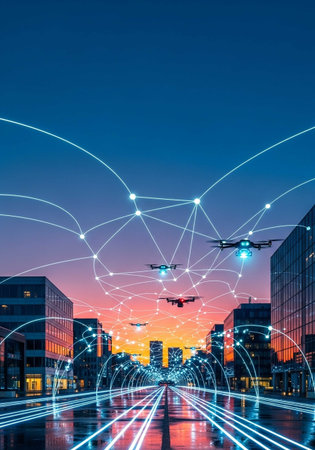 Cityscape of modern city with network connection technology concept. Internet of things conceptの写真素材