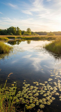 Sunset over a lake in summer, Almere, Flevoland, The Netherlandsの写真素材