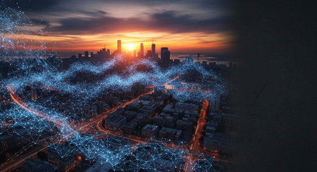 Wireless network connection over a city at sunset. 3D renderingの写真素材