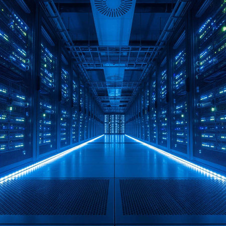 server room data center with blue glowing lights 3d rendering image.の写真素材