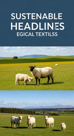Collage of sheeps in a green meadow in summer.