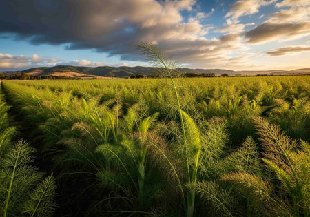 Sunset over a field of grass and mountains in the background.の写真素材