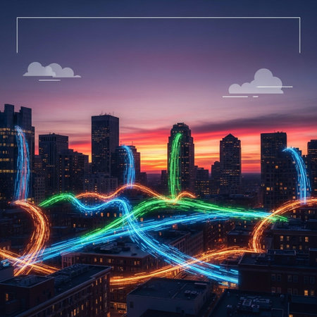 Abstract background of cityscape with high-rise buildings and light trailsの写真素材