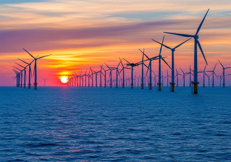 Wind turbines in the sea at sunset, windmills for electric power productionの写真素材