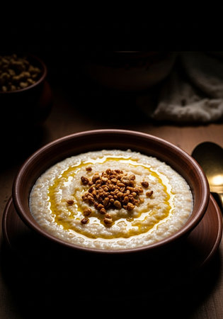 Rice porridge with honey and nuts in a bowl, selective focusの写真素材