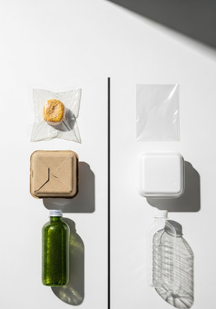 Top view of sanitizer, soap dispenser and soap dispenser on white tableの写真素材