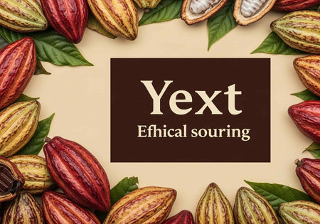 Cocoa beans and chocolate on a brown background with text.