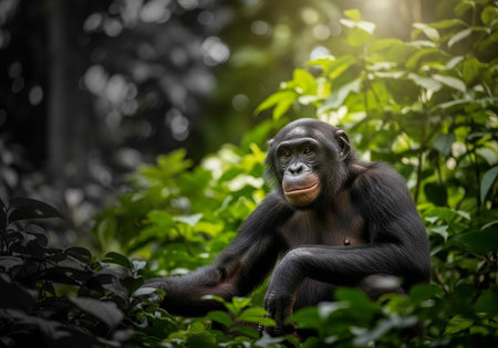 Chimpanzee sitting on a tree in the rainforest.