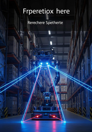 Digital composite of Futuristic robot in warehouse with glowing lights. 3d rendering