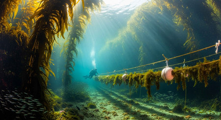 Underwater view of a man and a woman scuba diving in the seaの写真素材
