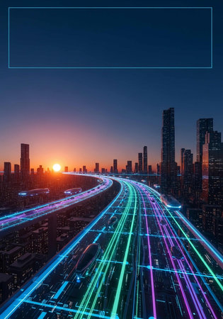 Cityscape with road and light trails. The concept of the future of the city.