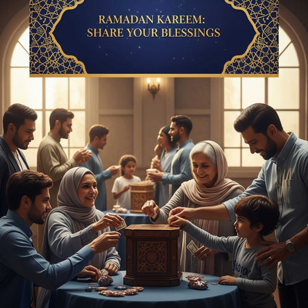 Ramadan Kareem greeting card. Muslim family playing cards in the mosque.の写真素材