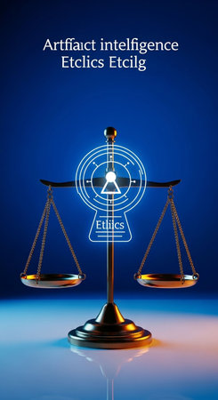 Highly rendering of a balance scale on blue background with text.