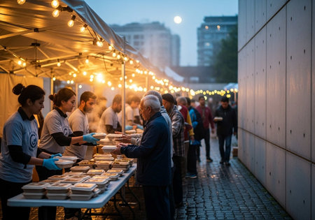 Street food festival at nightの写真素材