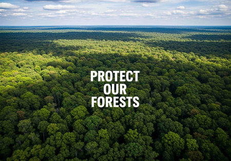 Aerial view of beautiful green forest with text Protect our forests.