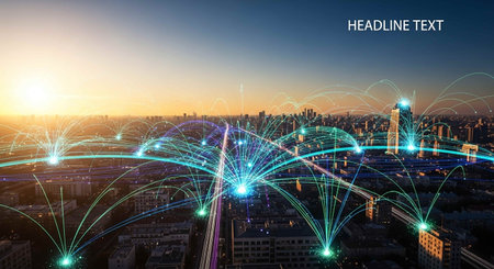 Global network connection over cityscape at sunset, technology and communication concept