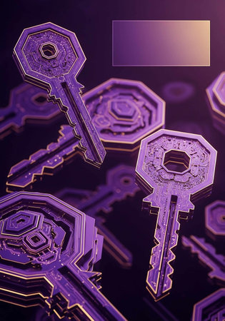 Digital illustration of keys in abstract background. 3d rendering toned imageの写真素材