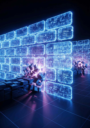 3d rendering of cyber brick wall with binary code and people aroundの写真素材