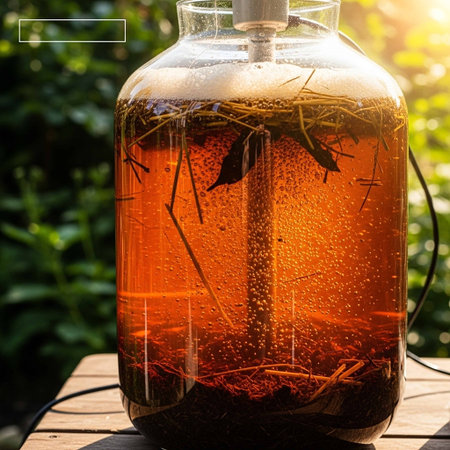 A bottle of homemade herbal tea on a wooden table in the gardenの写真素材