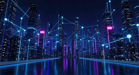 3D rendering of futuristic city at night with glowing connection lines.の写真素材