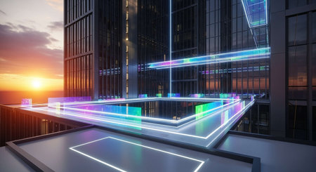 3d illustration of modern city with skyscrapers and neon lightsの写真素材