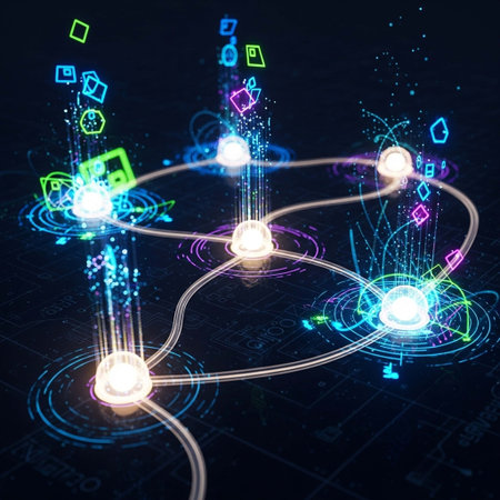 Abstract technology background with glowing lines and icons. 3D Renderingの写真素材