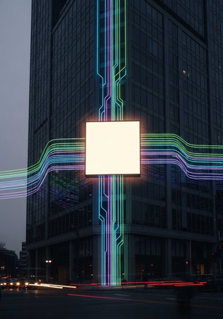 Blank billboard on city street at night with light trails, 3D rendering