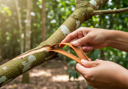 Woman hands cutting a tree branch in the forest. Close up.の写真素材