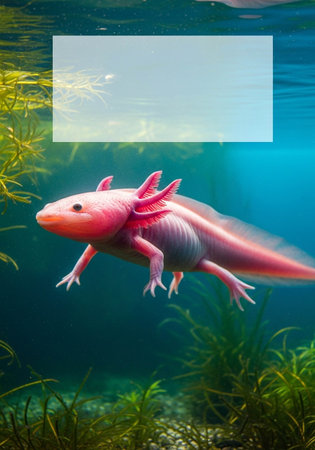 Red fire axolotl swimming in aquarium with copyspaceの写真素材