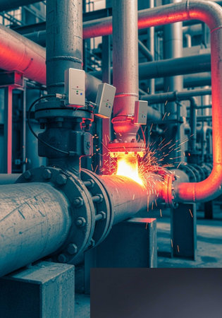 Welding of pipes with sparks at a power plant. Industrial background.の写真素材