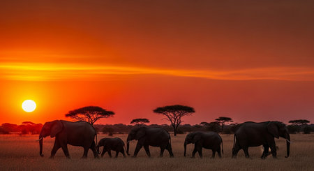 Silhouette of elephants in the savannah of Amboseli National Park, Kenyaの写真素材