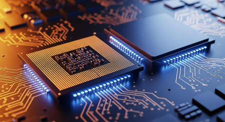 Close-up view of a modern GPU card circuit. 3D rendering